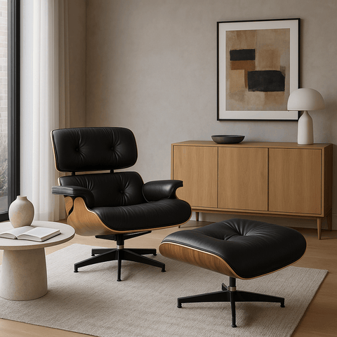 (Eames Chair & Stool Black Leather Walnut Plywood Premium Replica