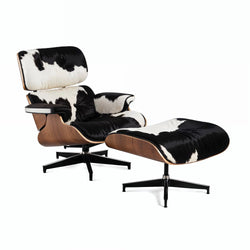 Eames Chair & Stool Black & White Cowhide Replica