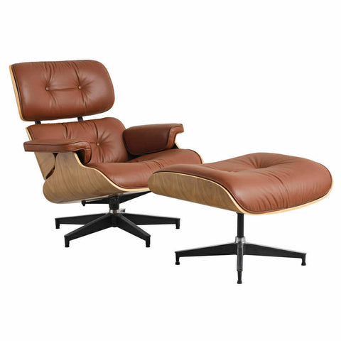 Eames Chair & Stool Brown Leather Natural Plywood Replica