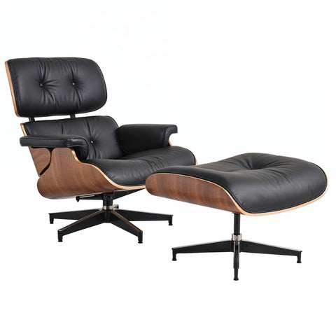 Eames Chair & Stool Black Leather Walnut Plywood Premium Replica