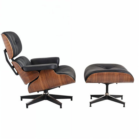 Eames Chair & Stool Black Leather Walnut Plywood Premium Replica