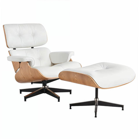 Eames Chair & Stool White Leather Natural Plywood Premium Replica