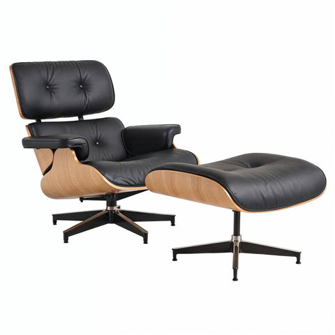 Eames Chair & Stool Black Leather Natural Plywood Replica - Glicks Furniture