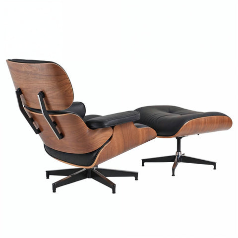 Eames Chair & Stool Black Leather Walnut Plywood Premium Replica - Glicks Furniture