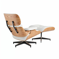 Eames Chair & Stool White Leather Natural Plywood Premium Replica