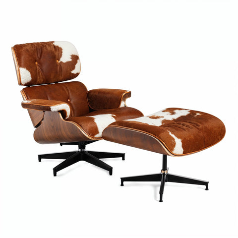 Eames Cowhide Chair & Stool Brown & White Replica - Glicks Furniture