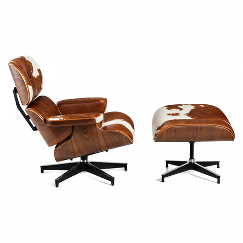 Eames Cowhide Chair & Stool Brown & White Replica - Glicks Furniture