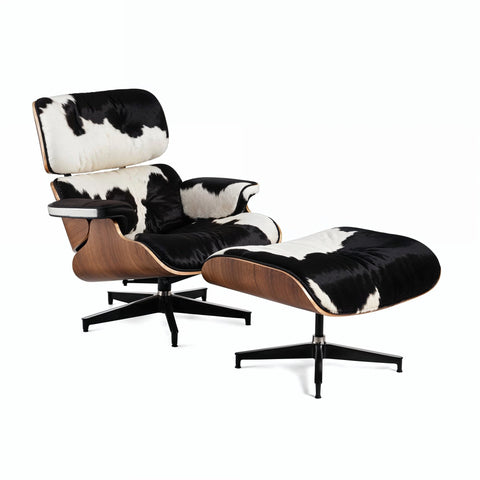 Eames Chair & Stool Black & White Cowhide Replica - Glicks Furniture