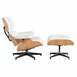 Eames Chair & Stool White Leather Natural Plywood Premium Replica