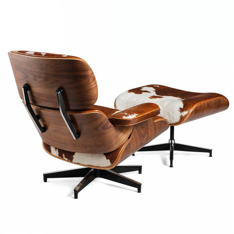 Eames Cowhide Chair & Stool Brown & White Replica - Glicks Furniture