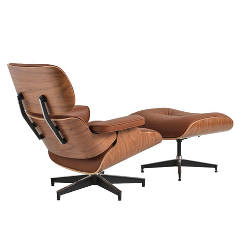 Eames Chair & Stool Tan Leather Walnut Plywood Replica - Glicks Furniture