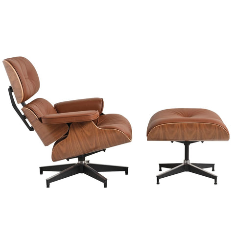 Eames Chair & Stool Tan Leather Walnut Plywood Replica - Glicks Furniture