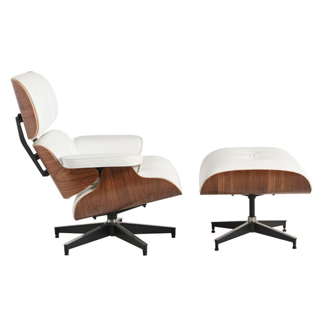 Eames Chair & Stool White Leather Walnut Plywood Replica - Glicks Furniture