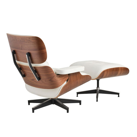 Eames Chair & Stool White Leather Walnut Plywood Replica - Glicks Furniture