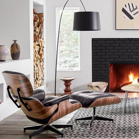 Eames Chair & Stool Black Leather Walnut Plywood Premium Replica